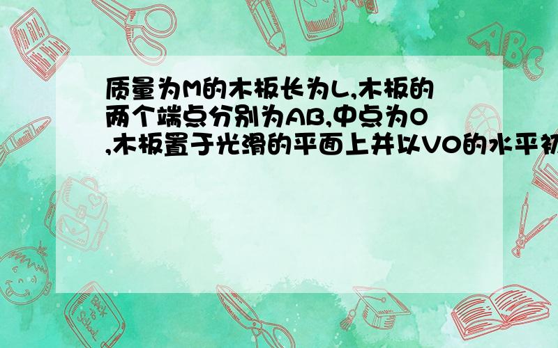 质量为M的木板长为L,木板的两个端点分别为AB,中点为O,木板置于光滑的平面上并以V0的水平初速度向右运动.若把质量为m的小物块（可视为质点）置于木板的B端,小木块初速度为0,最终小木块碎