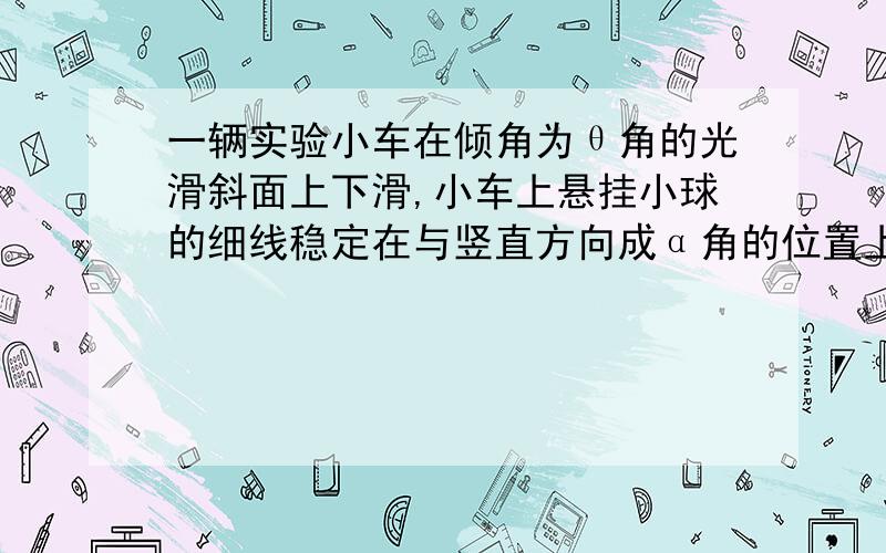 一辆实验小车在倾角为θ角的光滑斜面上下滑,小车上悬挂小球的细线稳定在与竖直方向成α角的位置上,求α角的大小.小球的质量为M小球向下的加速度为a