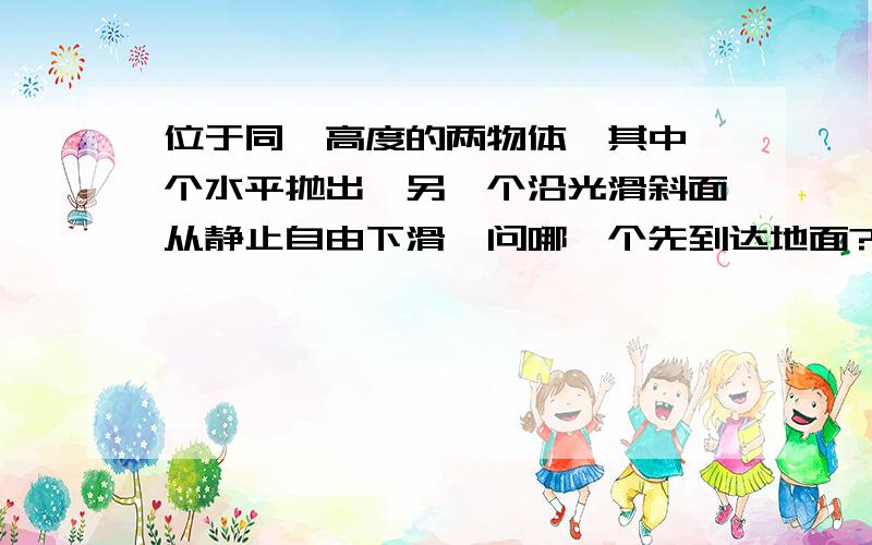 位于同一高度的两物体,其中一个水平抛出,另一个沿光滑斜面从静止自由下滑,问哪一个先到达地面?到达地面时,速率是否相等?