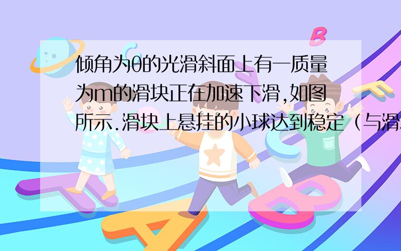 倾角为θ的光滑斜面上有一质量为m的滑块正在加速下滑,如图所示.滑块上悬挂的小球达到稳定（与滑块相对静止）后悬线的方向是（什么）?图