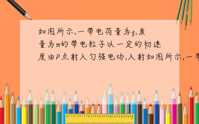 如图所示,一带电荷量为q,质量为m的带电粒子以一定的初速度由P点射入匀强电场,入射如图所示,一带电荷量为q、质量为m的带电粒子以一定的初速度由P点射入匀强电场,入射方向与电场线垂直