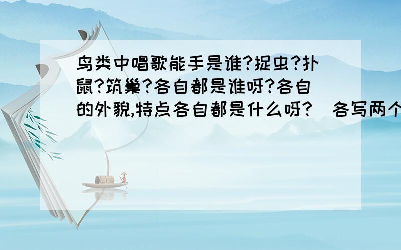 鸟类中唱歌能手是谁?捉虫?扑鼠?筑巢?各自都是谁呀?各自的外貌,特点各自都是什么呀?（各写两个）