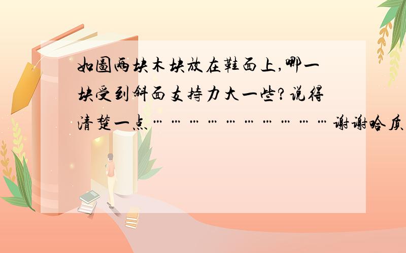 如图两块木块放在鞋面上,哪一块受到斜面支持力大一些?说得清楚一点…………………………谢谢哈质量一样……完全相同的小木块……跪求真相