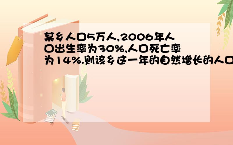 某乡人口5万人,2006年人口出生率为30%,人口死亡率为14%.则该乡这一年的自然增长的人口为急