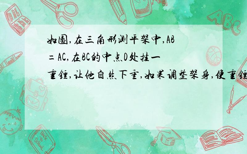 如图,在三角形测平架中,AB=AC,在BC的中点D处挂一重锤,让他自然下垂,如果调整架身,使重锤线正好经过点A,那么就说明BC处在水平位置,这是为什么?