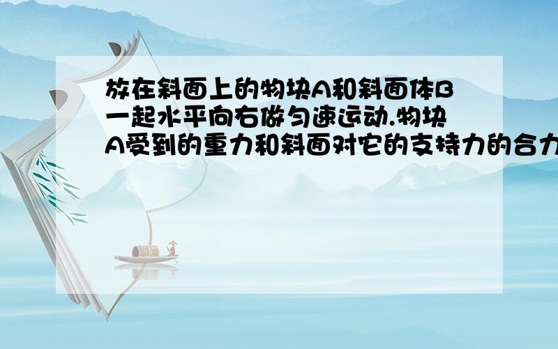 放在斜面上的物块A和斜面体B一起水平向右做匀速运动.物块A受到的重力和斜面对它的支持力的合力方向是哪边