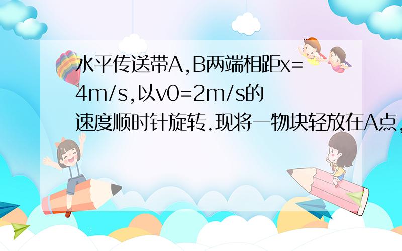 水平传送带A,B两端相距x=4m/s,以v0=2m/s的速度顺时针旋转.现将一物块轻放在A点,已知物块与传送带间的动摩擦因素u=0.2 ,求物块相对传送带滑行的距离