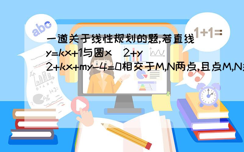 一道关于线性规划的题,若直线y=kx+1与圆x^2+y^2+kx+my-4=0相交于M,N两点,且点M,N关于直线x+y=0对称,则不等式组kx-my=0y>=0所表示的平面区域面积为?