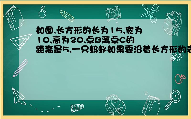 如图,长方形的长为15,宽为10,高为20,点B离点C的距离是5,一只蚂蚁如果要沿着长方形的表面从点A爬到点B,需要爬行的最短路程是多少?用勾股定理,谁会,