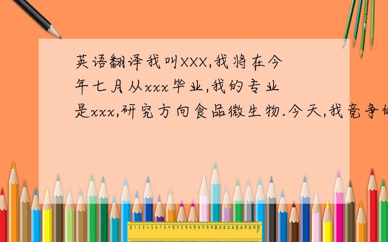 英语翻译我叫XXX,我将在今年七月从xxx毕业,我的专业是xxx,研究方向食品微生物.今天,我竞争的岗位是营养教研室的讲师一职,当然,能站在这个舞台上的对手实力都很强,我非常荣幸能与他们同