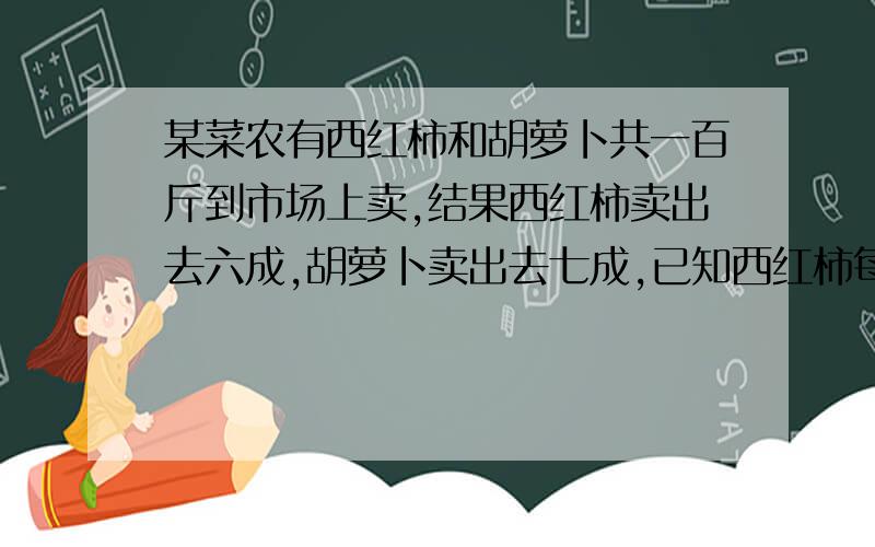 某菜农有西红柿和胡萝卜共一百斤到市场上卖,结果西红柿卖出去六成,胡萝卜卖出去七成,已知西红柿每斤7角,胡萝卜每斤六角,该菜农2种菜共卖得的钱数是多少元?请列出过程.时间啊