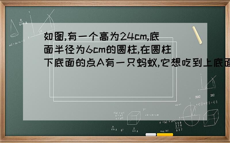 如图,有一个高为24cm,底面半径为6cm的圆柱,在圆柱下底面的点A有一只蚂蚁,它想吃到上底面上与点A相对的点B处的食物,请问它需爬行的最短路程约是多少?（π取整数3)