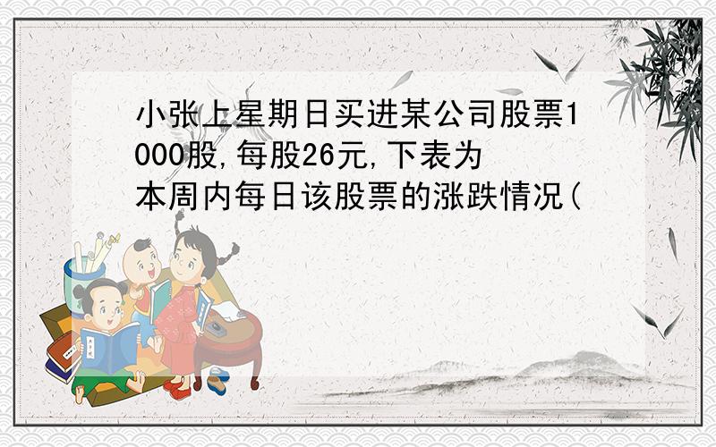 小张上星期日买进某公司股票1000股,每股26元,下表为本周内每日该股票的涨跌情况(