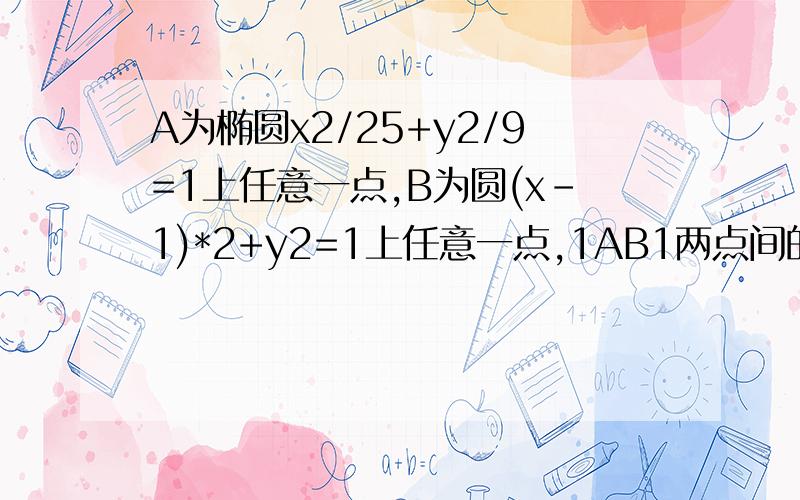 A为椭圆x2/25+y2/9=1上任意一点,B为圆(x-1)*2+y2=1上任意一点,1AB1两点间的距离的最值