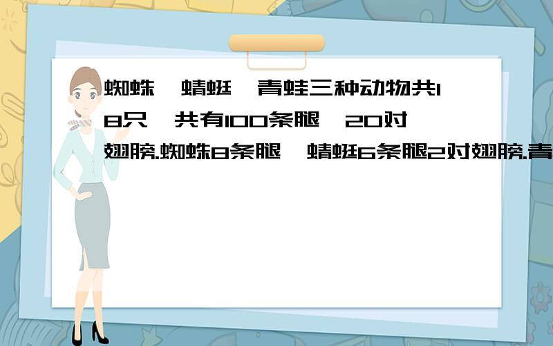 蜘蛛,蜻蜓,青蛙三种动物共18只,共有100条腿,20对翅膀.蜘蛛8条腿,蜻蜓6条腿2对翅膀.青蛙4条腿.三种动物各几只