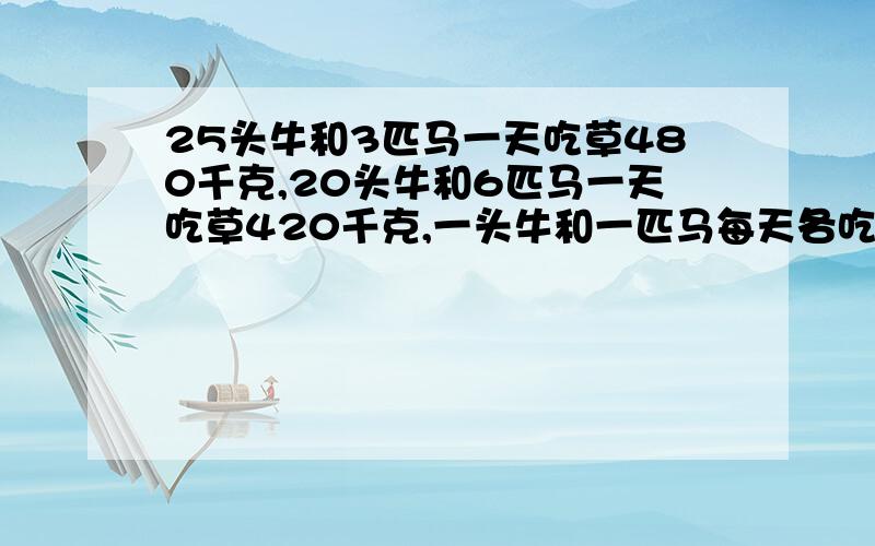 25头牛和3匹马一天吃草480千克,20头牛和6匹马一天吃草420千克,一头牛和一匹马每天各吃草多少千克?