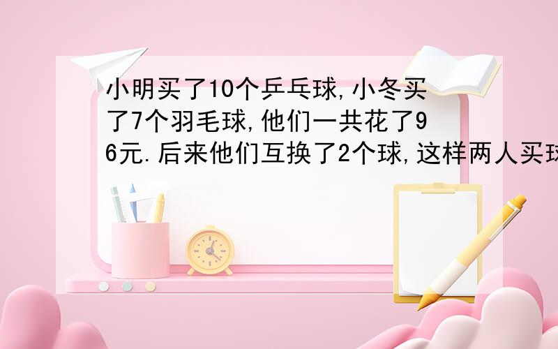 小明买了10个乒乓球,小冬买了7个羽毛球,他们一共花了96元.后来他们互换了2个球,这样两人买球所花的钱就一样多了.乒乓球和羽毛球的单价各是多少元?