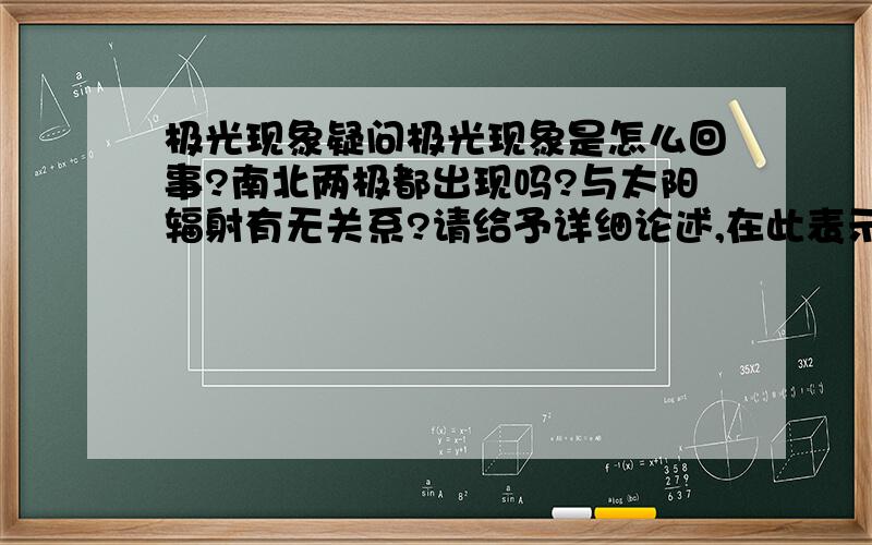 极光现象疑问极光现象是怎么回事?南北两极都出现吗?与太阳辐射有无关系?请给予详细论述,在此表示感谢...