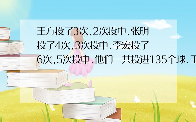 王方投了3次,2次投中.张明投了4次,3次投中.李宏投了6次,5次投中.他们一共投进135个球.王芳投进了几个球?