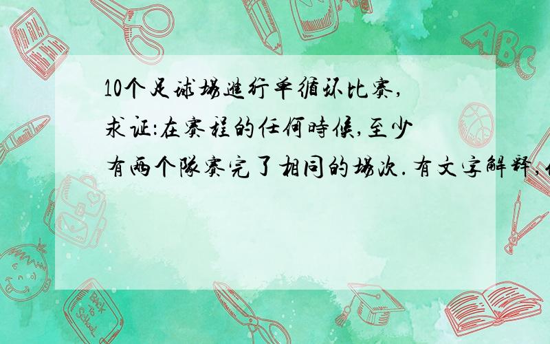 10个足球场进行单循环比赛,求证：在赛程的任何时候,至少有两个队赛完了相同的场次.有文字解释,例如为什么1=0.999999……