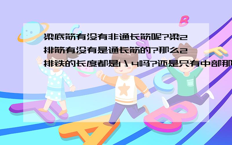 梁底筋有没有非通长筋呢?梁2排筋有没有是通长筋的?那么2排铁的长度都是1＼4吗?还是只有中部那跟才是?