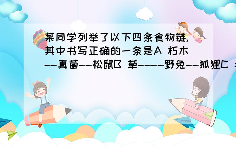 某同学列举了以下四条食物链,其中书写正确的一条是A 朽木--真菌--松鼠B 草----野兔--狐狸C 老鼠--蛇----鹰D 黄鼠狼--蛇--田鼠--植物