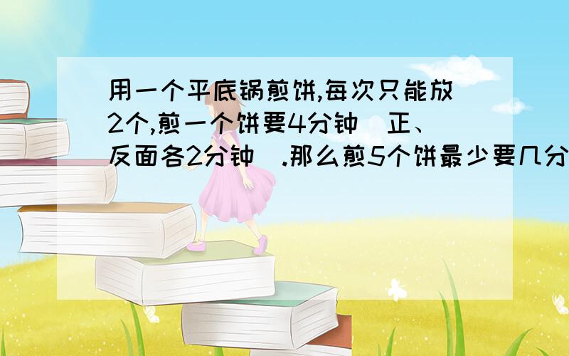 用一个平底锅煎饼,每次只能放2个,煎一个饼要4分钟（正、反面各2分钟）.那么煎5个饼最少要几分钟?