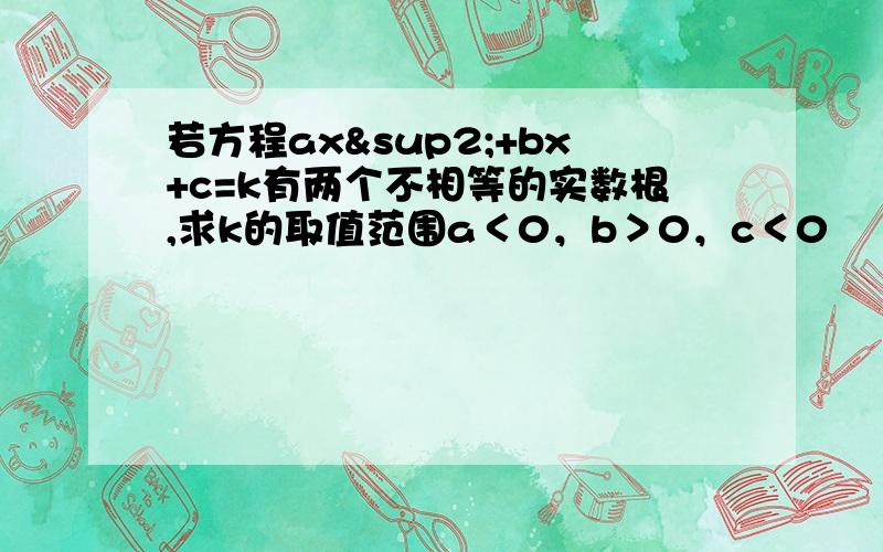 若方程ax²+bx+c=k有两个不相等的实数根,求k的取值范围a＜0，b＞0，c＜0