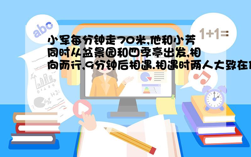 小军每分钟走70米,他和小芳同时从盆景园和四季亭出发,相向而行,9分钟后相遇.相遇时两人大致在什么位置?在图上画出来,再算出从四季亭到盆景园有多少米.