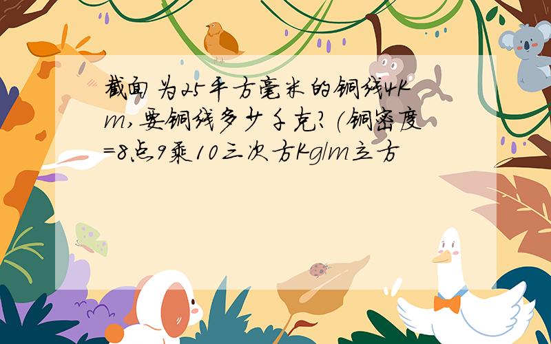 截面为25平方毫米的铜线4Km,要铜线多少千克?(铜密度=8点9乘10三次方Kg/m立方