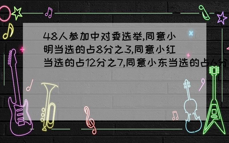 48人参加中对委选举,同意小明当选的占8分之3,同意小红当选的占12分之7,同意小东当选的占6分之5.得票最少的是（ ）,有（ ）票.