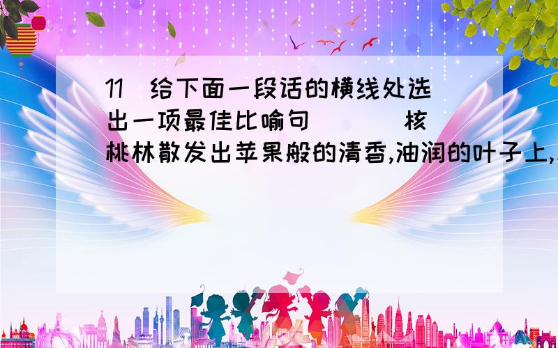 11．给下面一段话的横线处选出一项最佳比喻句 ( ) 核桃林散发出苹果般的清香,油润的叶子上,反射出点点灯光.警戒的战士游动着,刺刀尖上一明一暗的亮光,.A．好像黑色幕上缀着的宝石 B．就