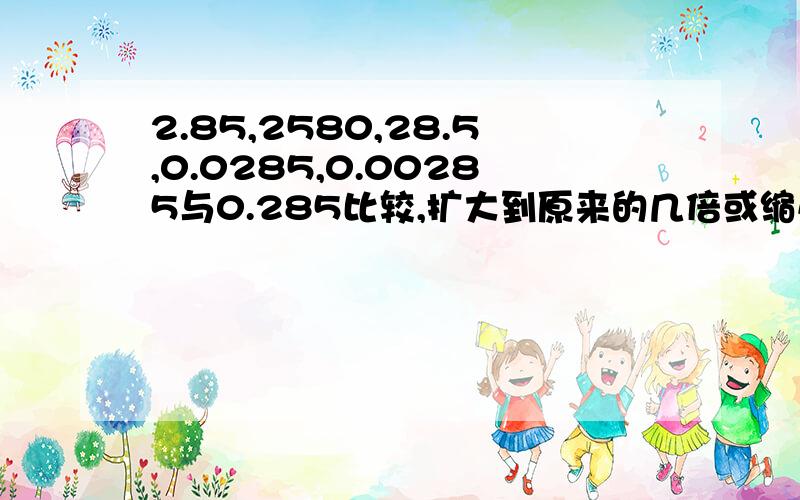 2.85,2580,28.5,0.0285,0.00285与0.285比较,扩大到原来的几倍或缩小到原来的几分之一?