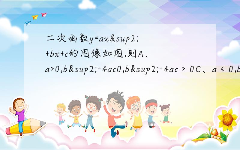 二次函数y=ax²+bx+c的图像如图,则A、a>0,b²-4ac0,b²-4ac＞0C、a＜0,b²-4ac＜0 D、a＜0,b²-4ac＞0