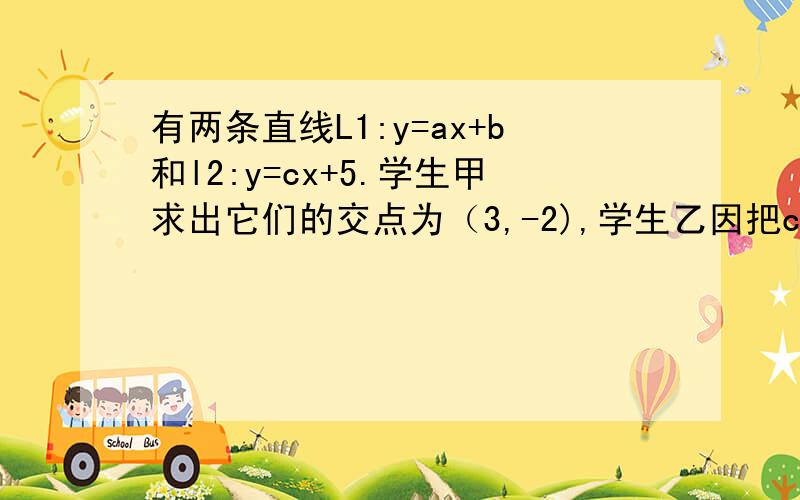 有两条直线L1:y=ax+b和l2:y=cx+5.学生甲求出它们的交点为（3,-2),学生乙因把c标错而求出它们的交点为（3/4下补：1/4）.是求出这两条直线与y轴围成的三角形面积.HELP ME!