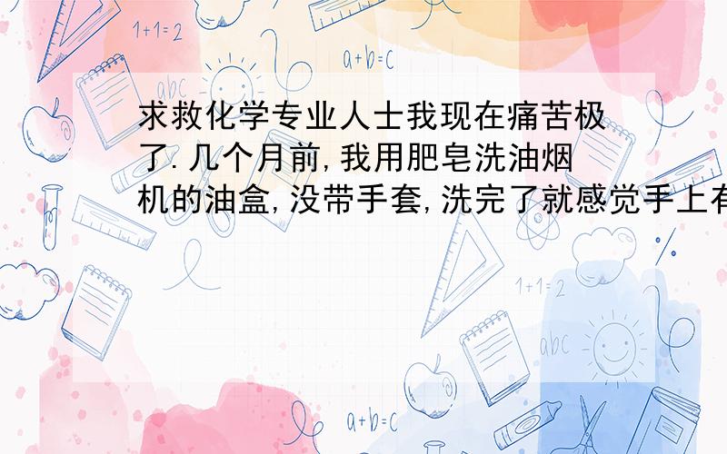 求救化学专业人士我现在痛苦极了.几个月前,我用肥皂洗油烟机的油盒,没带手套,洗完了就感觉手上有一层油腻,我用了很多方法都洗不掉,洗洁精、洗油烟机的清洗剂、肥皂,甚至去买了稀料（