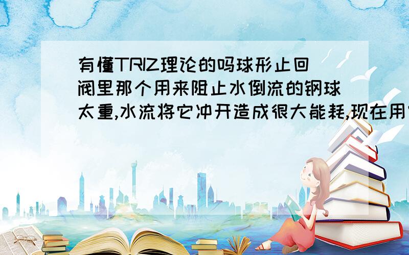 有懂TRIZ理论的吗球形止回阀里那个用来阻止水倒流的钢球太重,水流将它冲开造成很大能耗,现在用空心的钢球或者塑胶的球来代替实心钢球以减小能耗,这个改进可以用TRIZ里面的哪些原理来