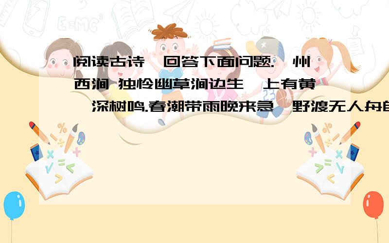 阅读古诗,回答下面问题.滁州西涧 独怜幽草涧边生,上有黄鹂深树鸣.春潮带雨晚来急,野渡无人舟自横.1、简要分析《滁州西涧》一诗中“独怜幽草涧边生,上有黄鹂深树鸣”的表现手法及作用.