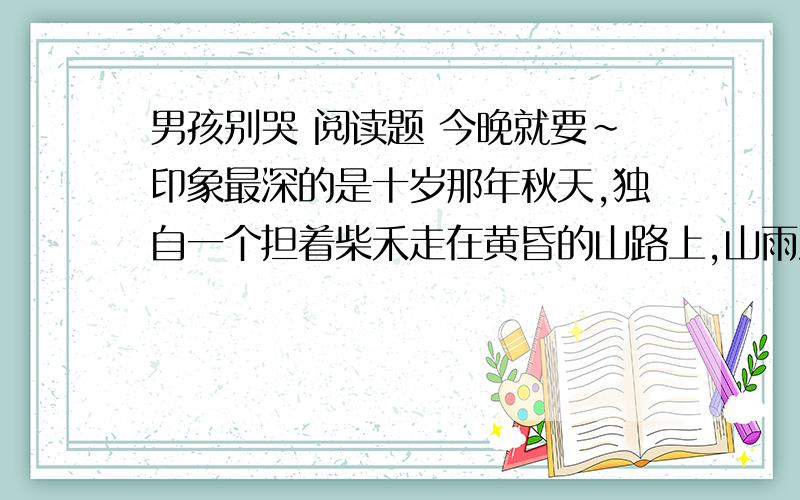 男孩别哭 阅读题 今晚就要~印象最深的是十岁那年秋天,独自一个担着柴禾走在黄昏的山路上,山雨沙沙从身后而来,像一张阴暗之网,一下子就将我罩进去了,那颗本来就因孤寂而伤感的心,便进