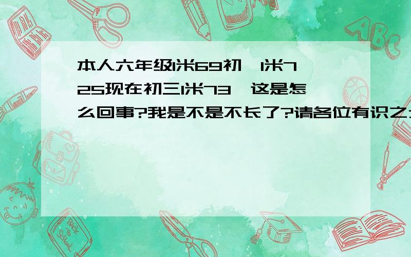 本人六年级1米69初一1米725现在初三1米73,这是怎么回事?我是不是不长了?请各位有识之士判断一下我还能我伍年级的时候从1米59一直长到六年级,长得很快,一直长到1米69,只是长到1米73,连初一