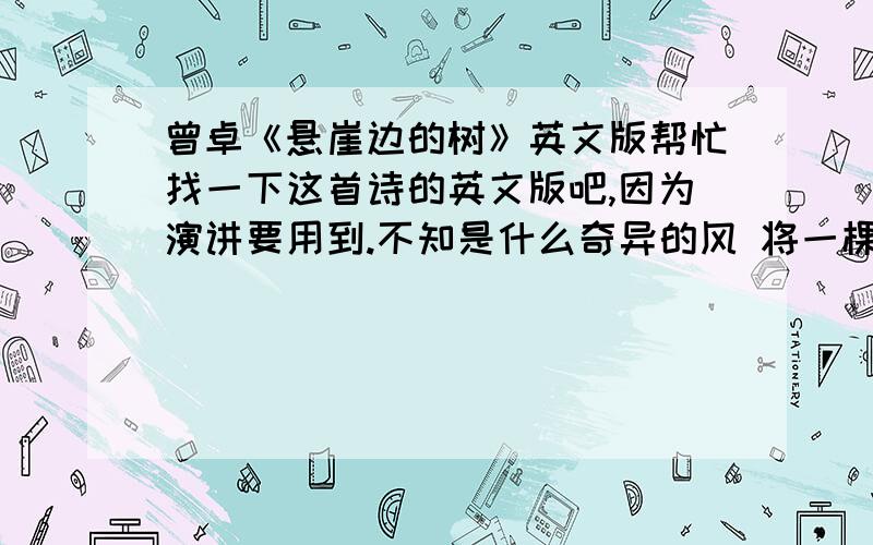 曾卓《悬崖边的树》英文版帮忙找一下这首诗的英文版吧,因为演讲要用到.不知是什么奇异的风 将一棵树吹到了那边—— 平原的尽头 临近深谷的悬岩上 它倾听远处深林的喧哗 和深谷中小溪