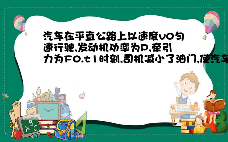 汽车在平直公路上以速度v0匀速行驶,发动机功率为P,牵引力为F0.t1时刻,司机减小了油门,使汽车的功率立即减小一半,并保持该功率继续行驶,到t2时刻,汽车又恢复了匀速直线运动(设整个过程中