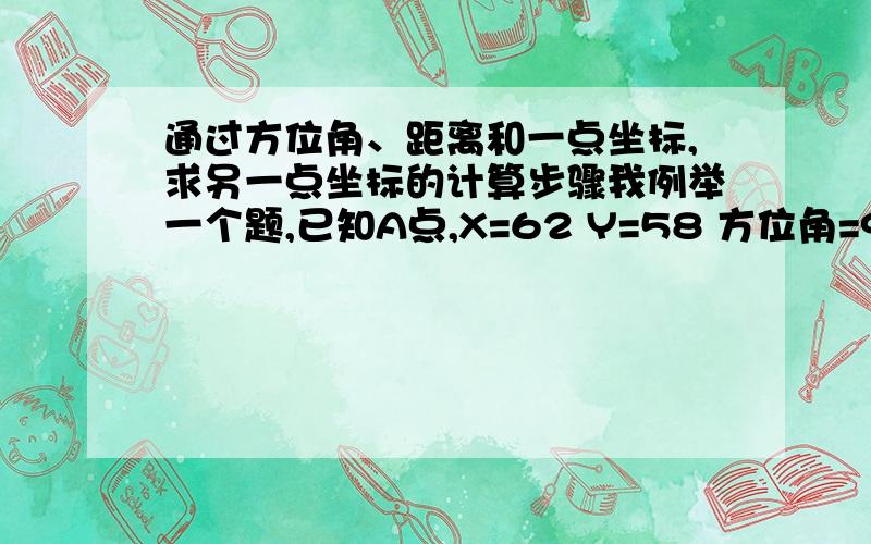 通过方位角、距离和一点坐标,求另一点坐标的计算步骤我例举一个题,已知A点,X=62 Y=58 方位角=90°23′14〃 距离=49求B点X,Y等于多少答案我知道,B点X=61.668 Y=106.998我是想各位达人办我列出手算步