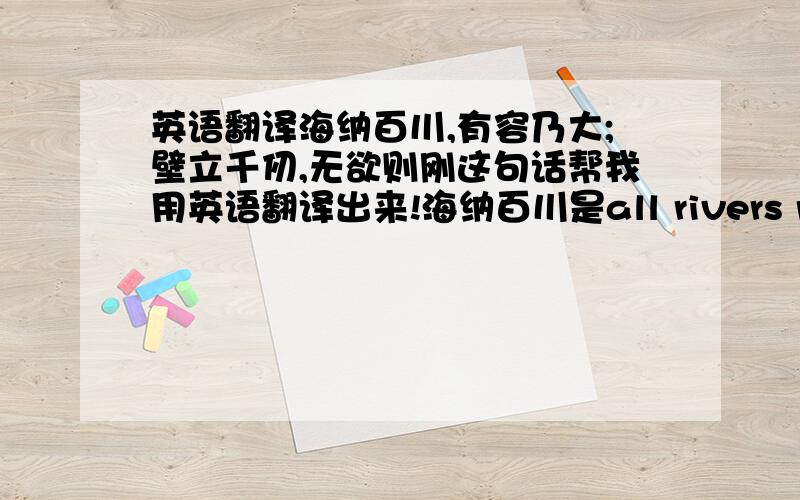 英语翻译海纳百川,有容乃大;壁立千仞,无欲则刚这句话帮我用英语翻译出来!海纳百川是all rivers run into the sea 关键是后3句如果翻译的好的对的话,我再加100分（最好点明出处哦）