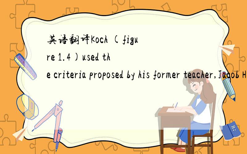 英语翻译Koch (figure 1.4)used the criteria proposed by his former teacher,Jacob Henle (1809–1885),to establish the relationship between Bacillus anthracis and anthrax,and published his findings in 1876.Koch injected healthy mice with material f