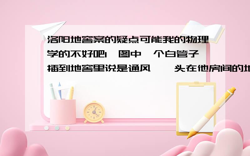 洛阳地窖案的疑点可能我的物理学的不好吧1、图中一个白管子插到地窖里说是通风,一头在他房间的地上一头在地窖里.一个管道能通风?地窖口50公分的,不比管道口大?里面还有个小绿管子,但