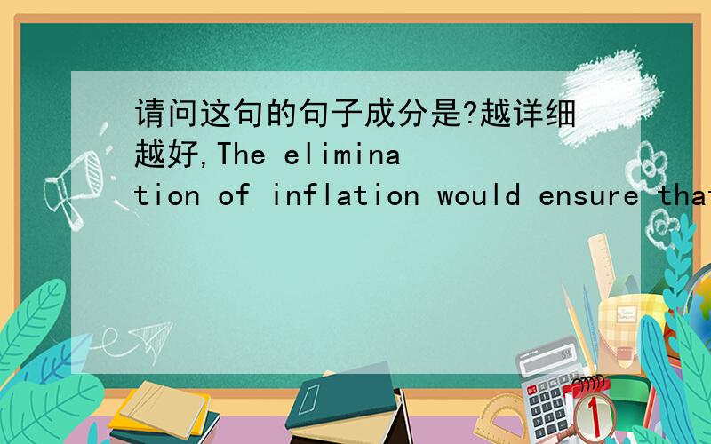 请问这句的句子成分是?越详细越好,The elimination of inflation would ensure that the amount of money used in repaying a loan would have the same value as the amount of money borrowed.消除通货膨胀应确保还贷的钱应与所贷款