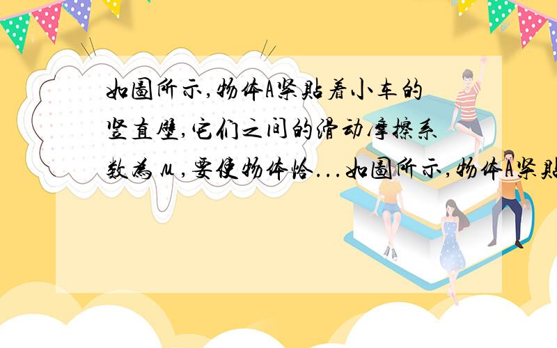 如图所示,物体A紧贴着小车的竖直壁,它们之间的滑动摩擦系数为μ,要使物体恰...如图所示,物体A紧贴着小车的竖直壁,它们之间的滑动摩擦系数为μ,要使物体恰沿着竖直壁匀速下滑,小车的加速