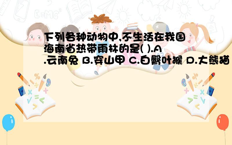 下列各种动物中,不生活在我国海南省热带雨林的是( ).A.云南兔 B.穿山甲 C.白臀叶猴 D.大熊猫