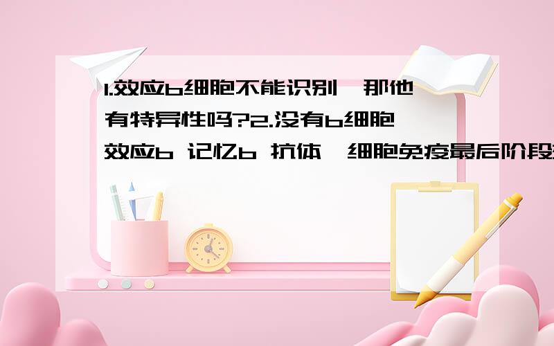 1.效应b细胞不能识别,那他有特异性吗?2.没有b细胞 效应b 记忆b 抗体,细胞免疫最后阶段效应T细胞使靶细胞裂解之后的抗原能清除吗?或者说 没有那些细胞免疫能进行吗?做的题里答案是可以